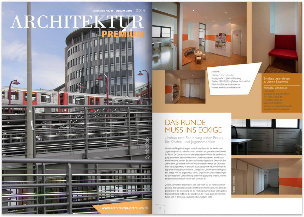Hicker architekten Presse - Architektur Premium - Ausgabe 03/2013 zum Projekt Praxis Dr. Henneberger: Das Runde muss ins Eckige