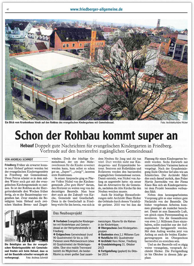 Hicker architekten Presse - Friedberger Allgemeine vom 26.02.2014 zum Projekt Neubau evangelischer Kindergarten in Friedberg
