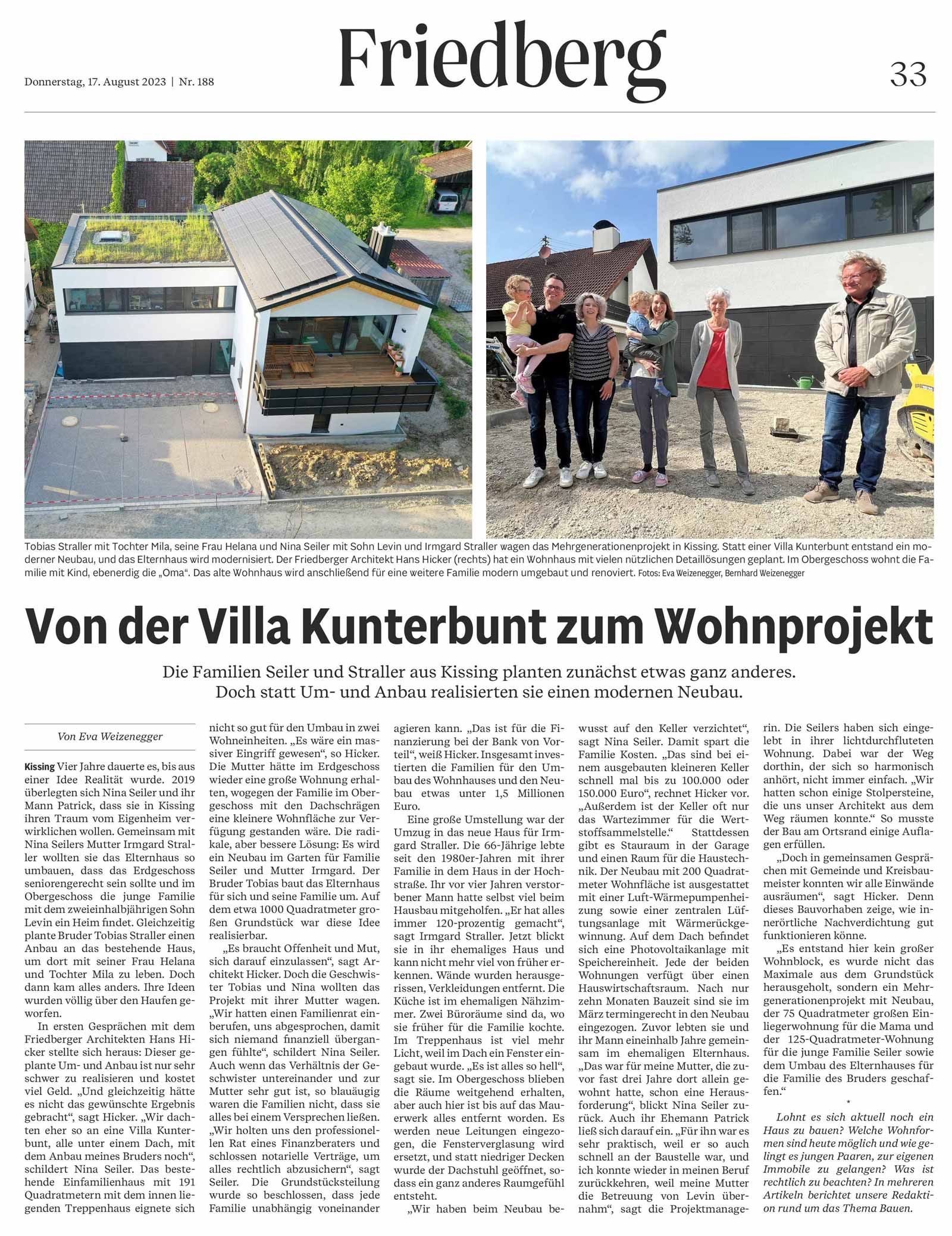 Hicker architekten - Haus S in der Friedberger Allgemeinen Ausgabe vom 17.08.2023