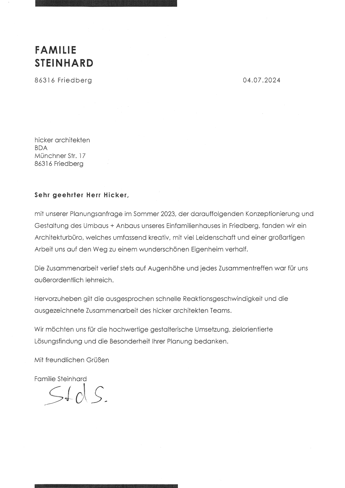 Referenzschreiben Haus JS, Kissing